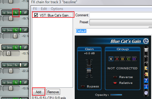 Step 05 - On the destination track, insert the Blue Cat's gain plugin Step 05 - On the destination track, insert the Blue Cat's gain plugin